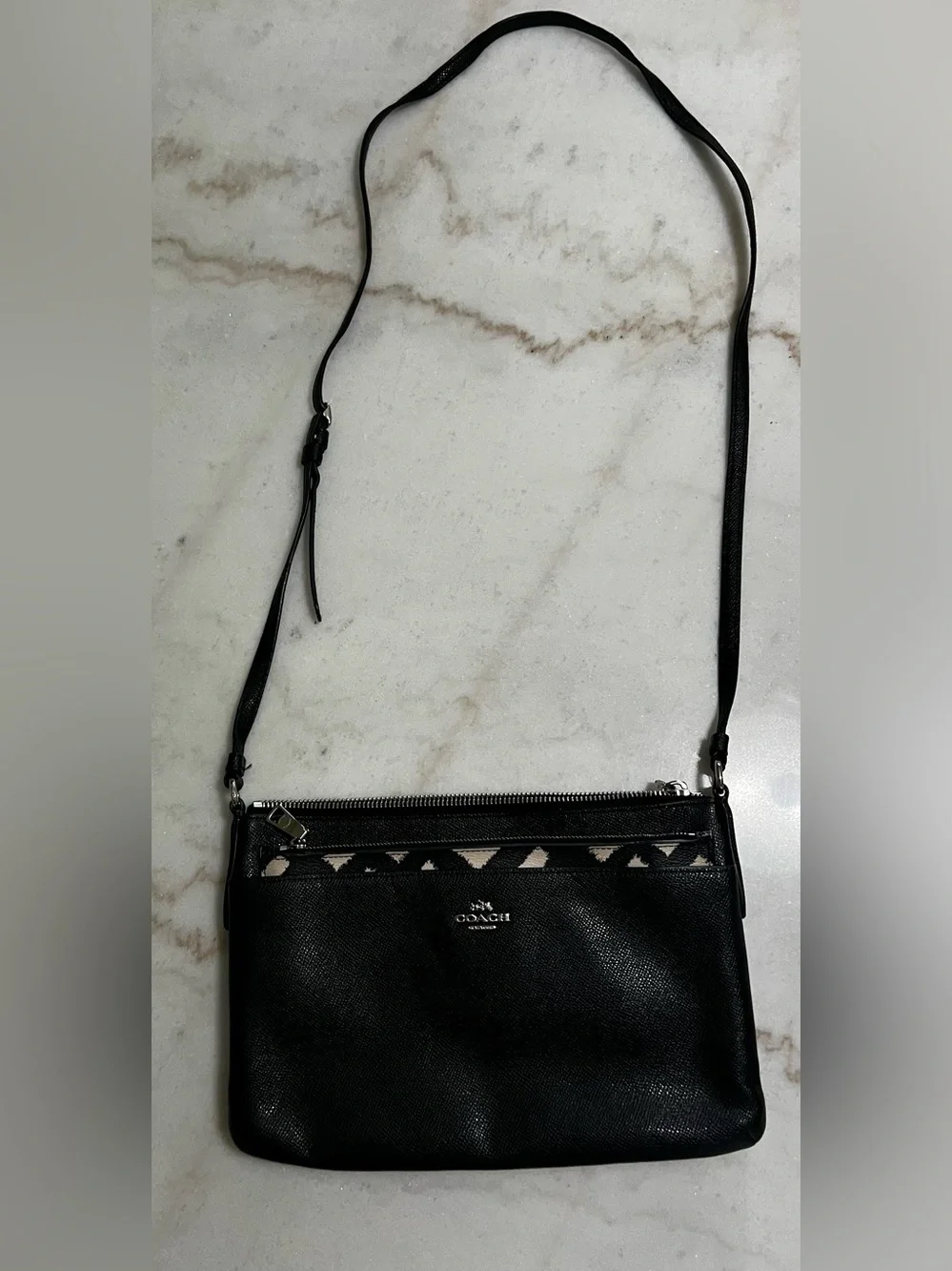 Coach East/West Leather Crossbody With Pop Up Black White Crisscross Print Pouch